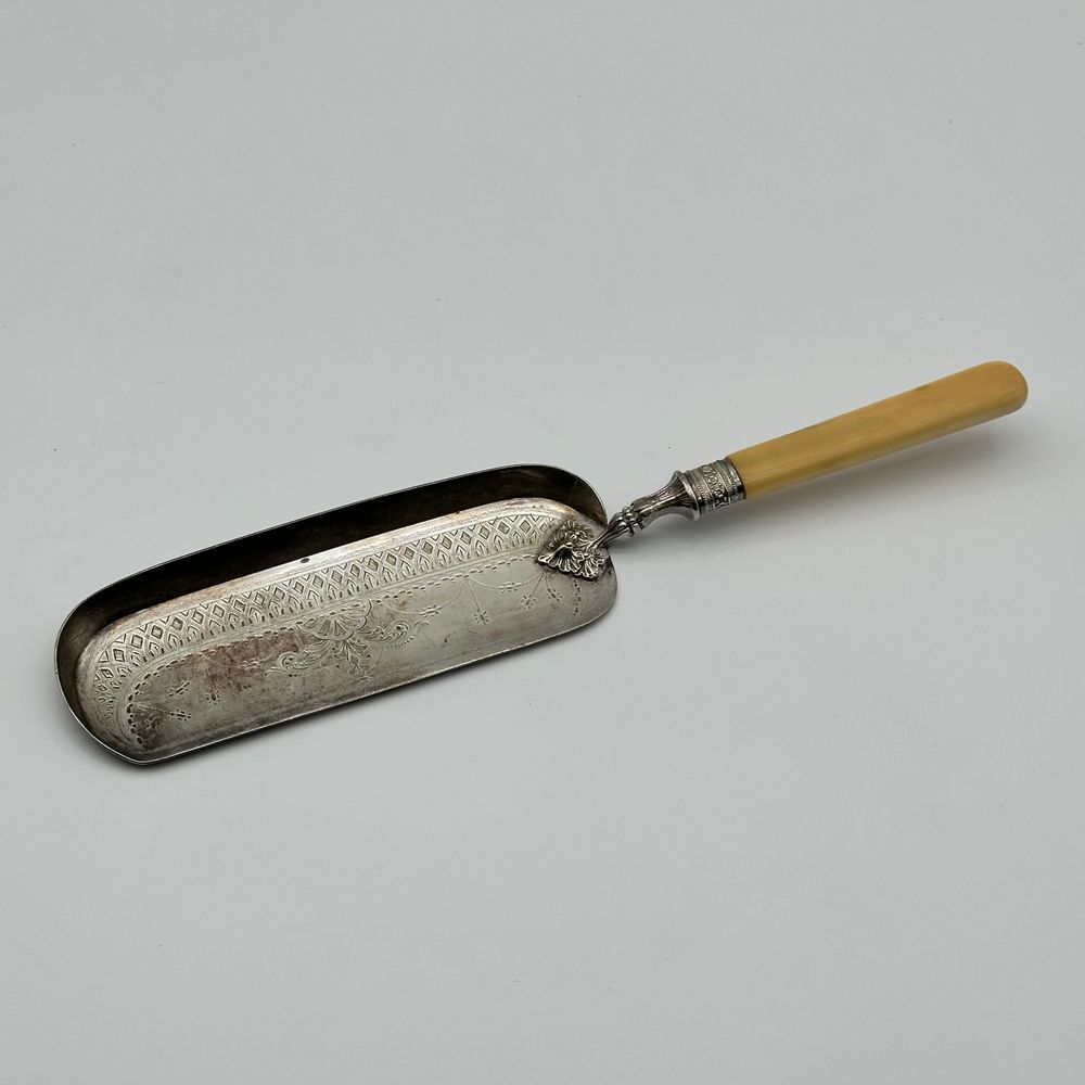 Antique Silver Plate Engraved Crumb Scraper Ivory Cream Handle