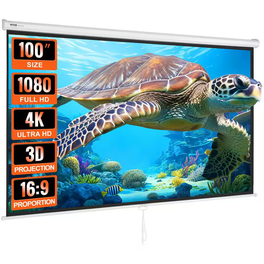Projector Screen 100 In. Retractable Pull down Projector Screen 16:9 4K, Auto-Lo