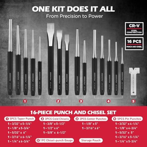 25-Piece Punch and Chisel Set with Roll Pin Punches, Includes Taper, Pin,