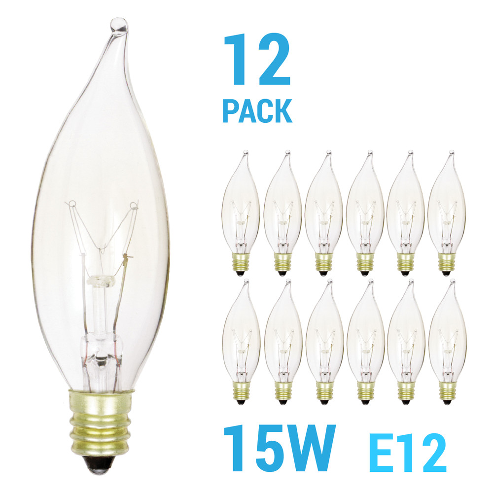 12 Pack 15CFC Chandelier 15W Watt 120V CA10 Flame Tip Candelabra E12 Clear