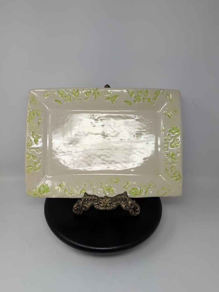 Studio Pottery Rectangle Platter Cherly Glenn Embossed Leaves Cream 12.5x9"