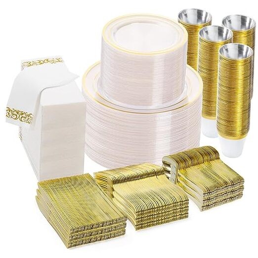 700PCS Disposable Dinnerware Set for Plastic Plates for 100 Guests Clear Gold