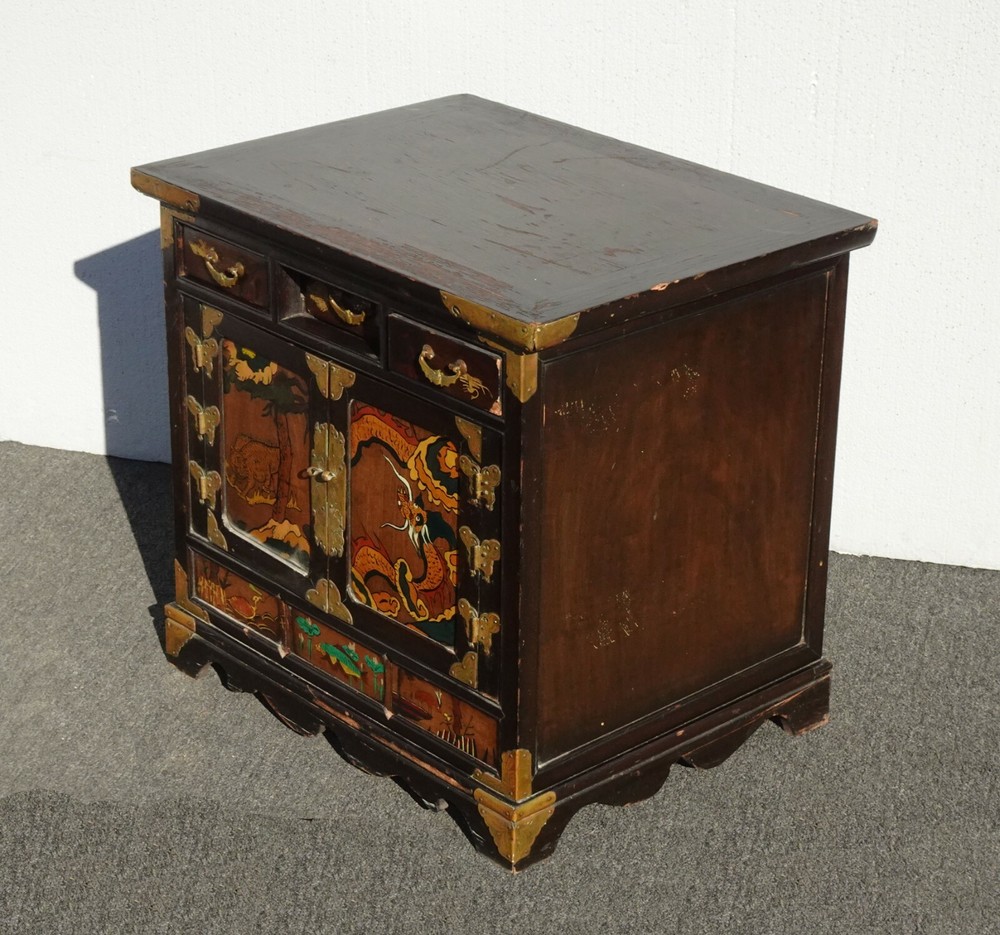 Antique Oriental Asian Hand Painted Side Table Cabinet End Table Brass Hardware