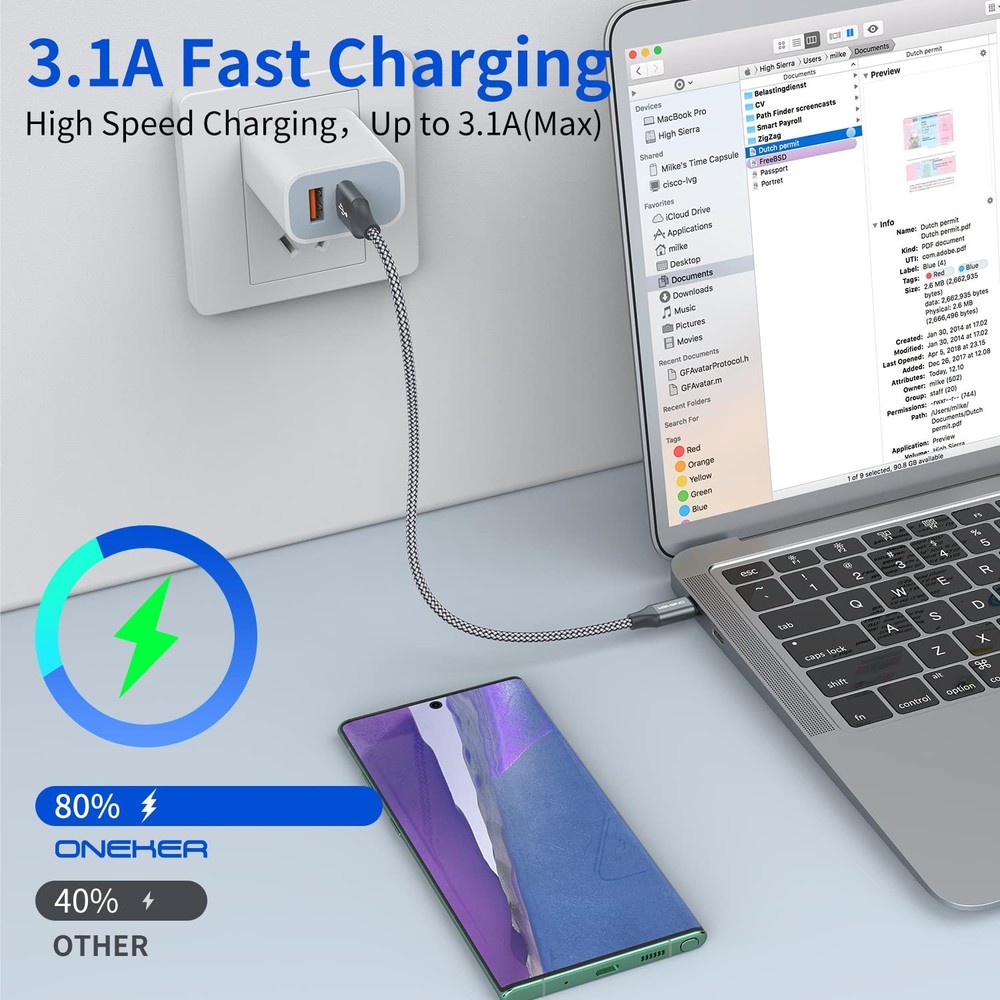 [2-Pack, 1ft] Short USB Type C Cable,Portable USB-C Charger 1 feet, Grey