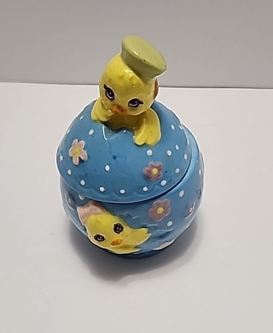 Ceramic Easter Egg Trinket Box Decor With Baby Chicks And Spring Flowers