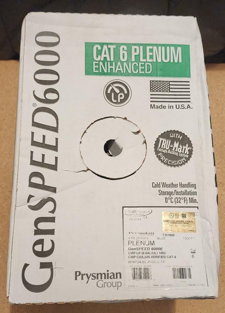 General Cable GenSPEED 6000 Enhanced Cat 6 CMP-LP, Plenum, Blue, 734’ Remaining