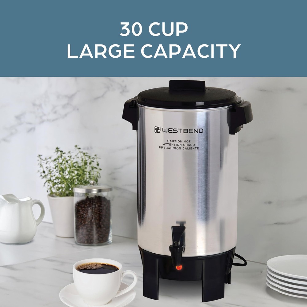 West Bend Coffee Urn Highly-Polished Aluminum Features Automatic Temperature Con