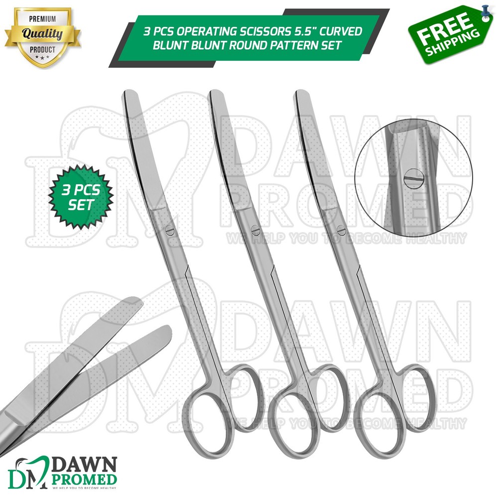 3 Pcs Operating Scissors 6.5" Curved Blunt Blunt Round Pattern Surgical Set