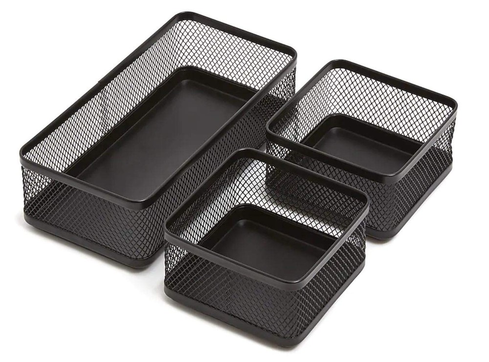 3-Compartment Stackable Black Mesh Tray Desk Baskets and Organizers Tray
