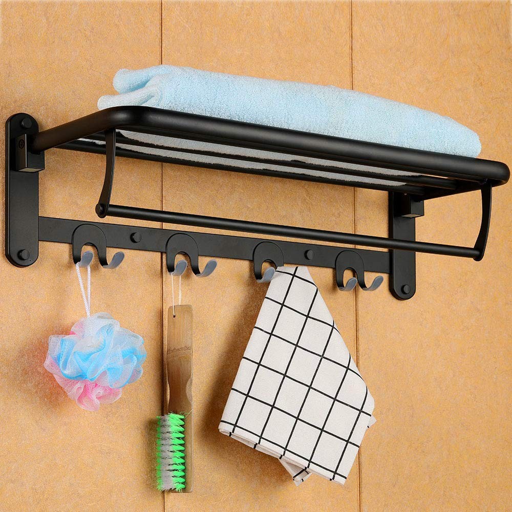 Foldable Towel Rack for Bathroom Wall Mounted, with Towel Hooks and Adjustabl...