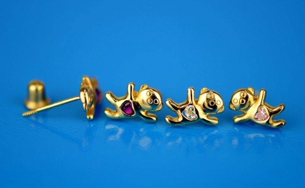 14k Yellow Gold CZ Bear Stud Earrings