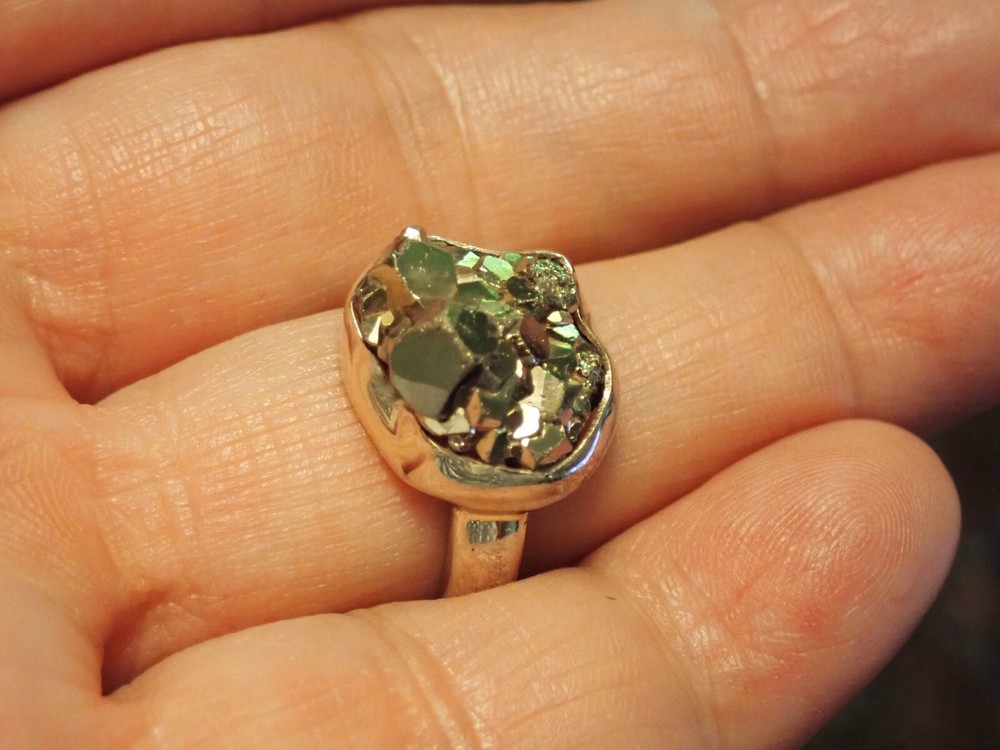 Pyrite Druzy 925 Sterling Silver Ring sz.8