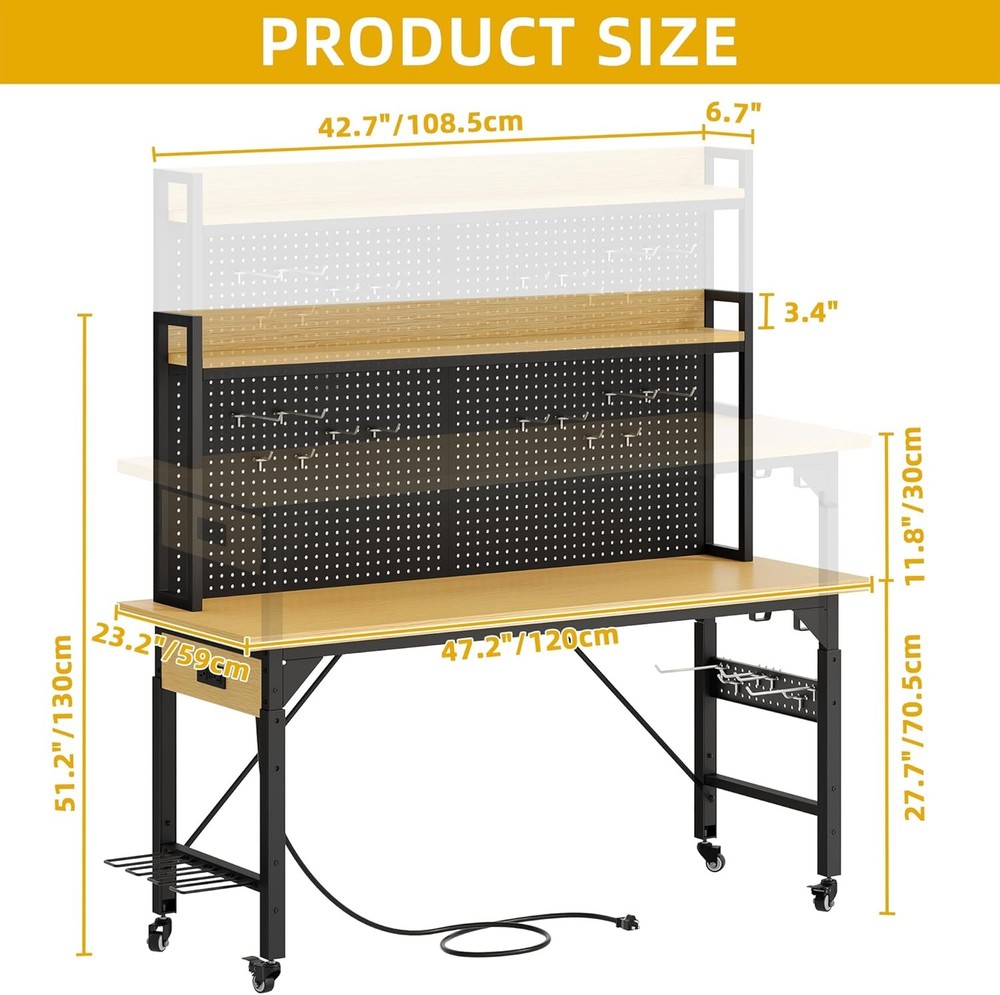 Adjustable Workbench 48in Pegboard 1600lb AC USB Outlet