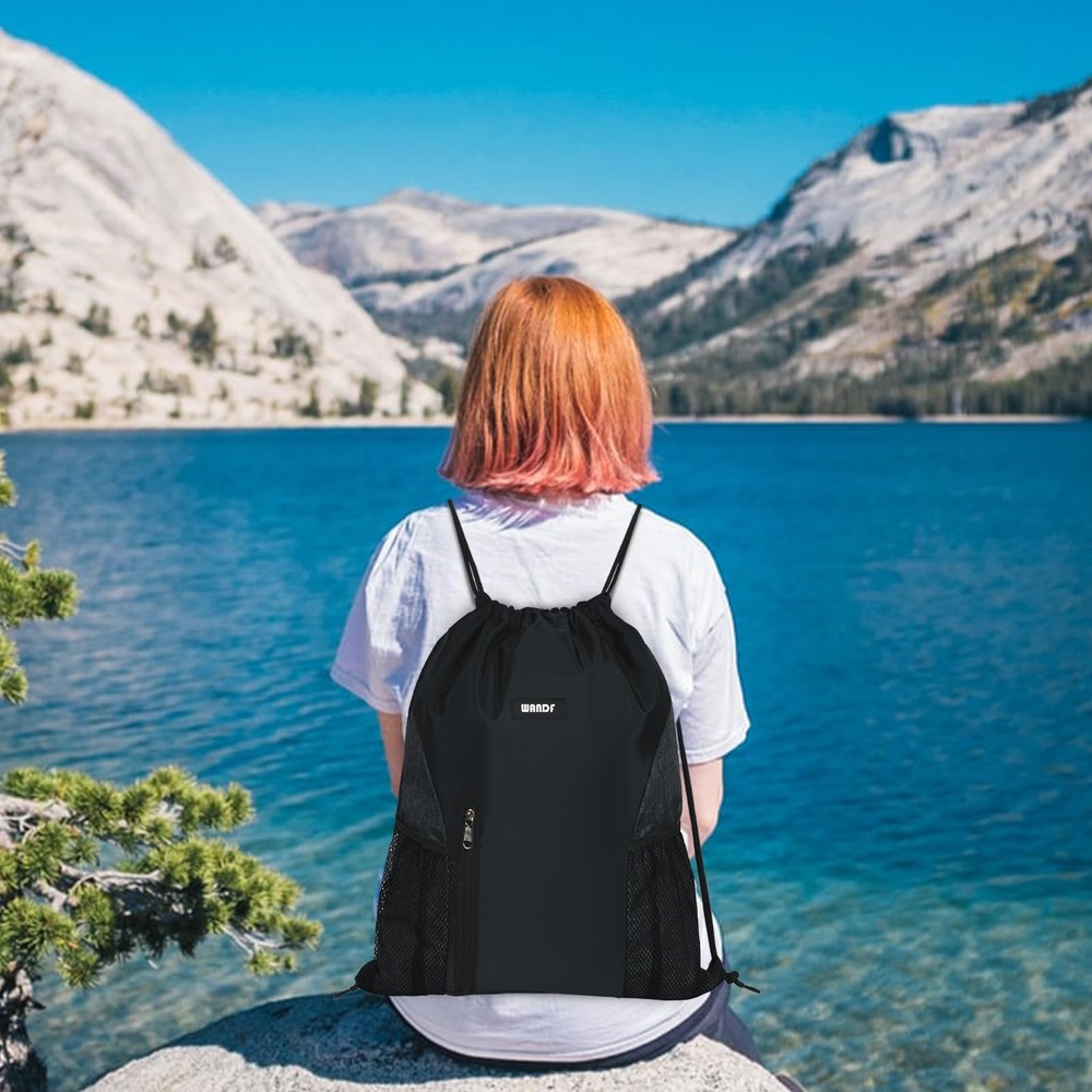 WANDF Drawstring Backpack Sports Gym Sackpack with Mesh One Size, Black