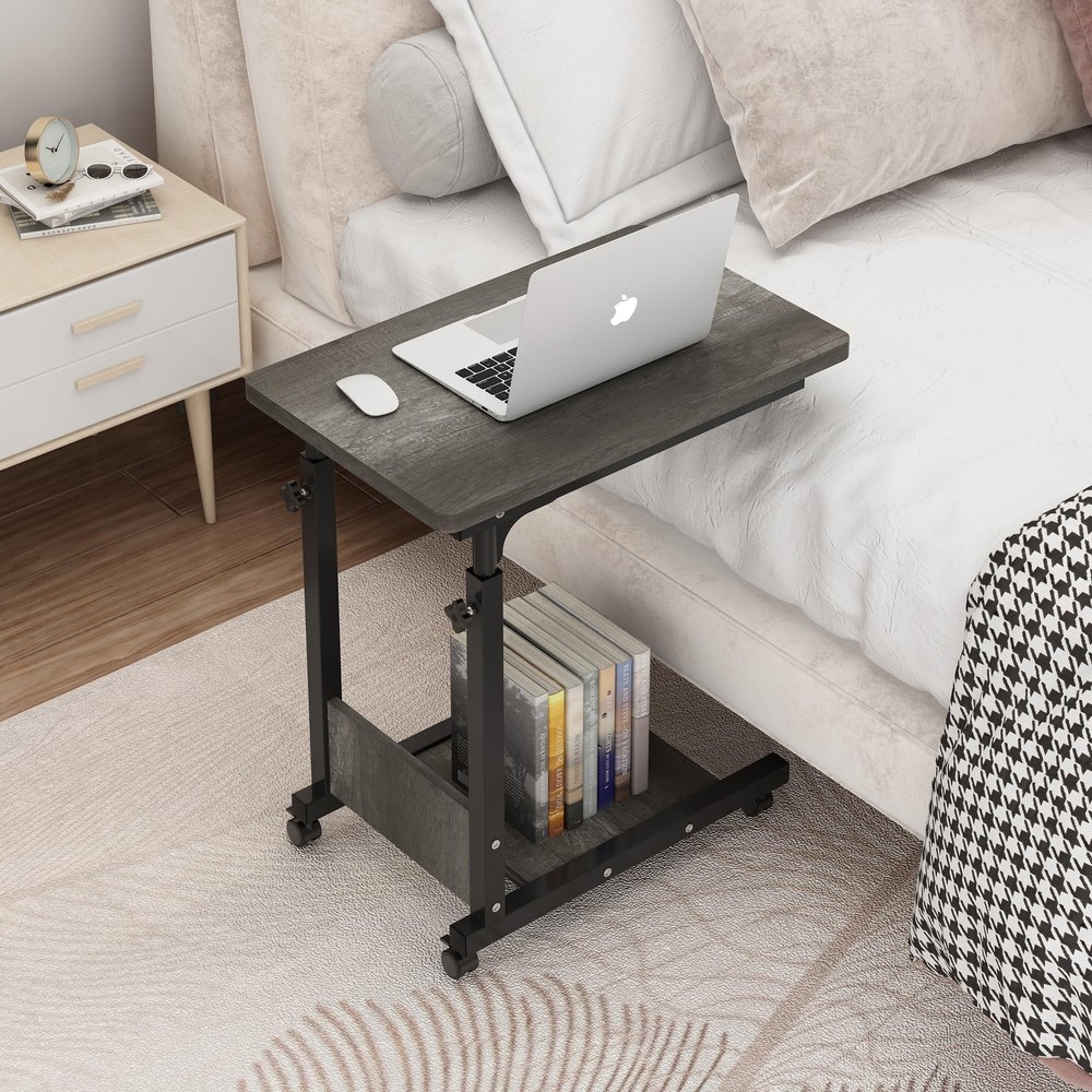 Adjustable Height C Table Sofa Side Bedside Table with Wheels, Hospital Bed T...