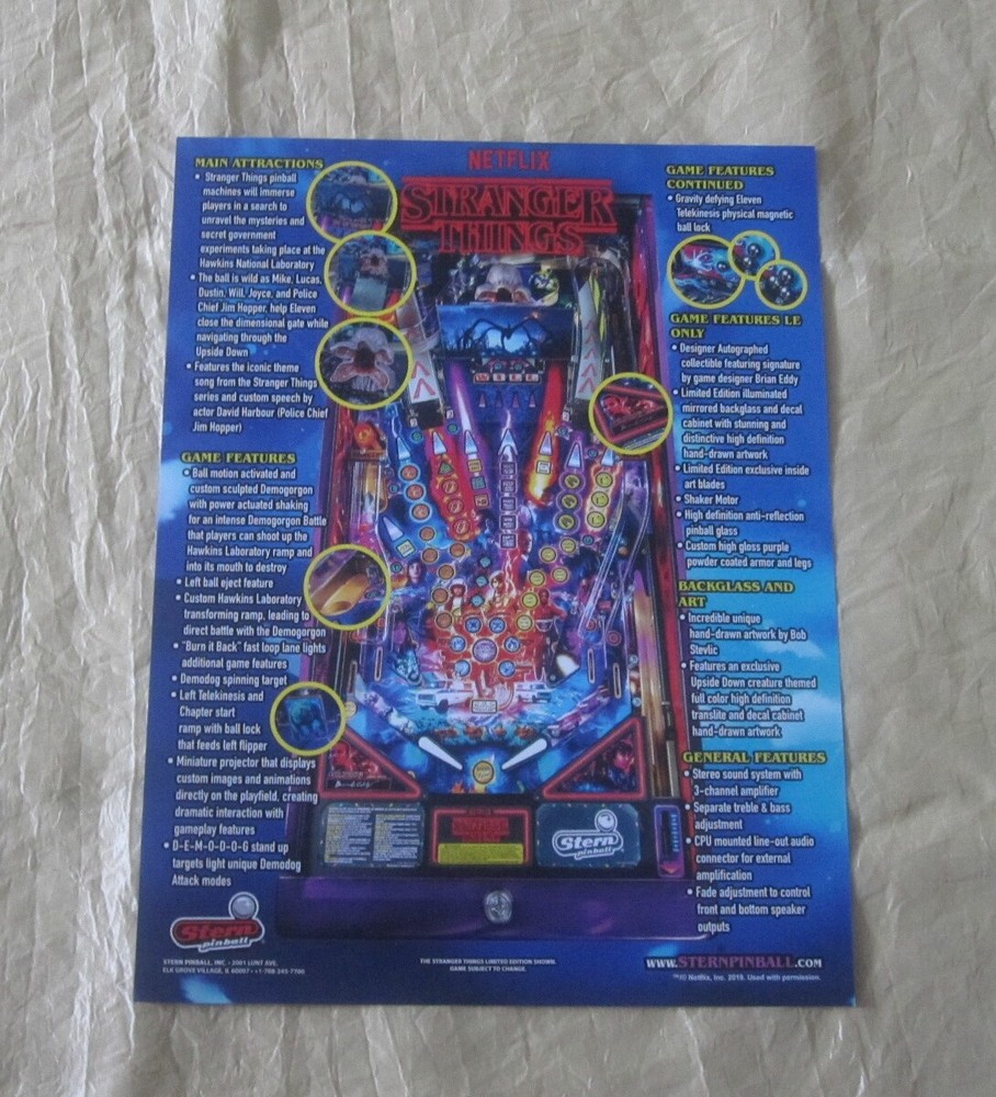 2019 STERN STRANGER THINGS LIMITED EDITION PINBALL FLYER