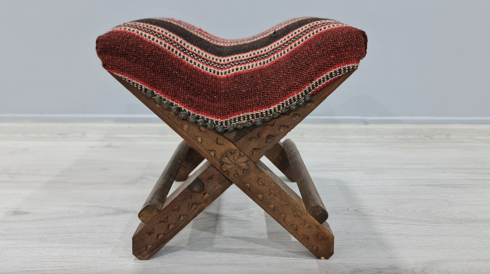 Vintage Handmade Stool, Authentic decor, wool kilim seating, ottoman stool