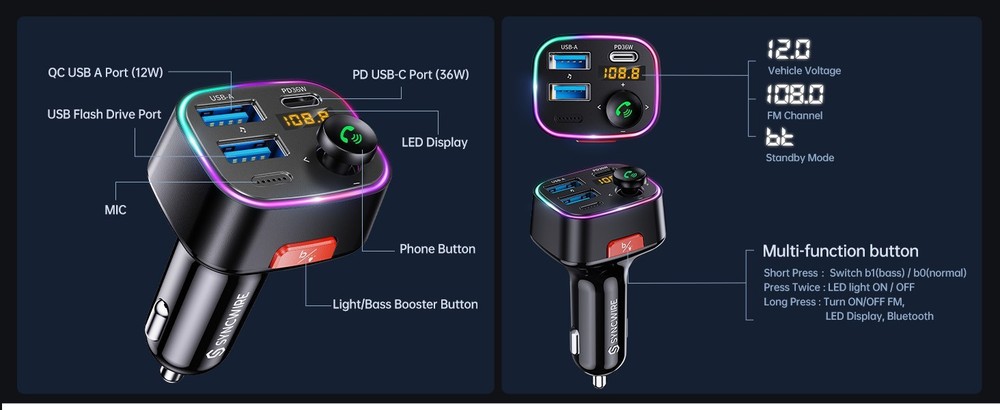 Syncwire Bluetooth 5.4 FM Transmitter Car Adapter 48W, Fast Charging