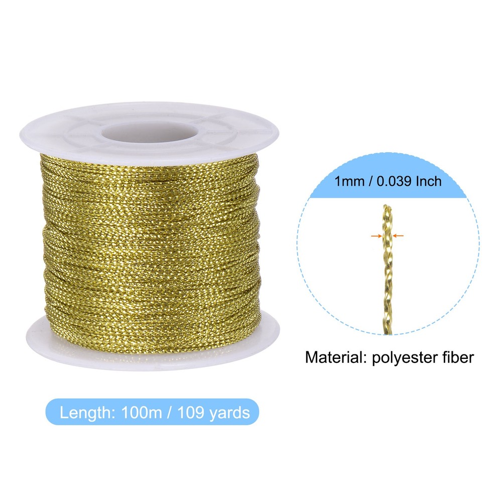 Metallic Cord 1mm 109 Yards Tinsel Rope Thread String, Golden