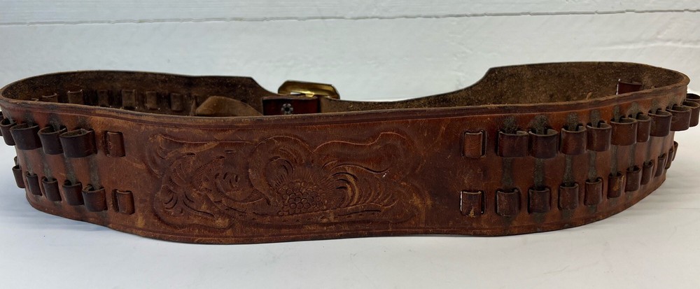 Vintage Hand Tooled Leather Ammunition Belt With Adjustable Loops