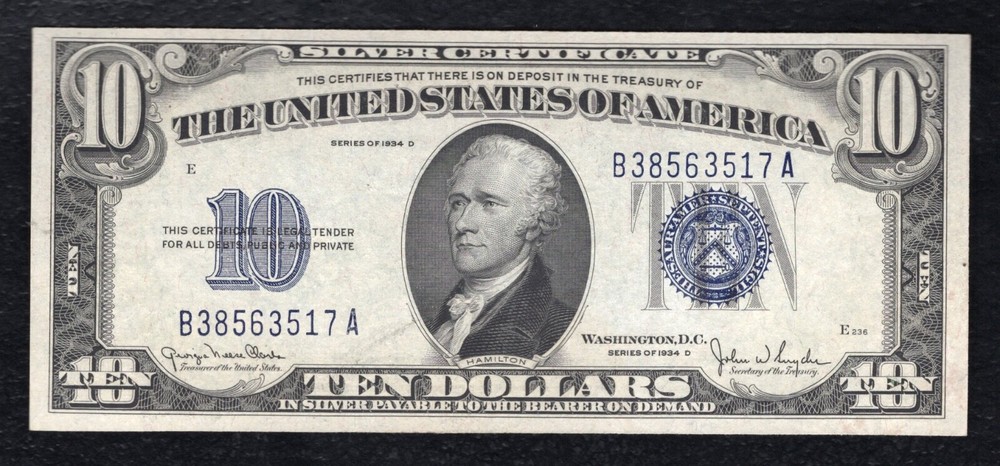 FR 1705 1934-D $10 TEN DOLLARS SILVER CERTIFICATE CURRENCY NOTE GEM UNCIRCULATED