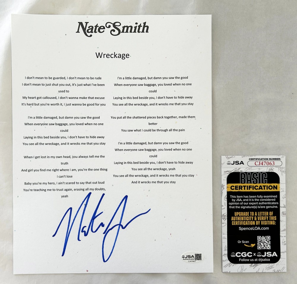 Nate Smith Signed Lyric Sheet Wreckage JSA 1 COA