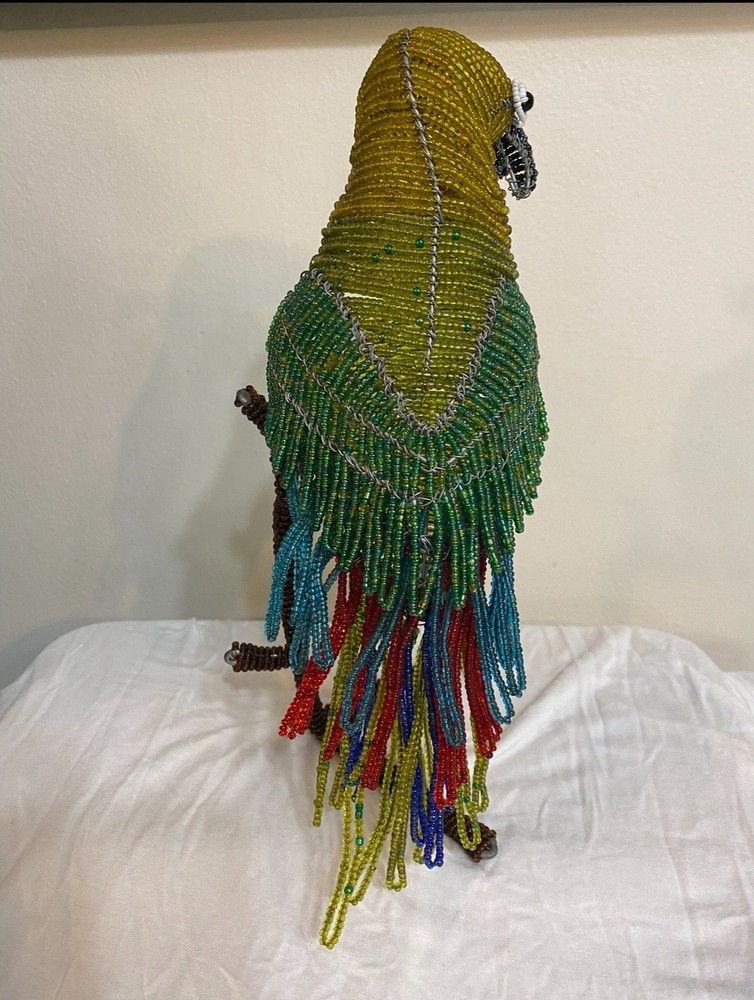 Hand Crafted Beaded Wired Parrot Bird On Perch