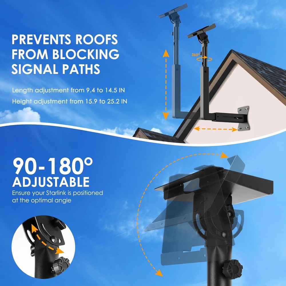 Adjustable Starlink Gen 3 Wall Mount - Telescoping Support Arm Rustproof Black