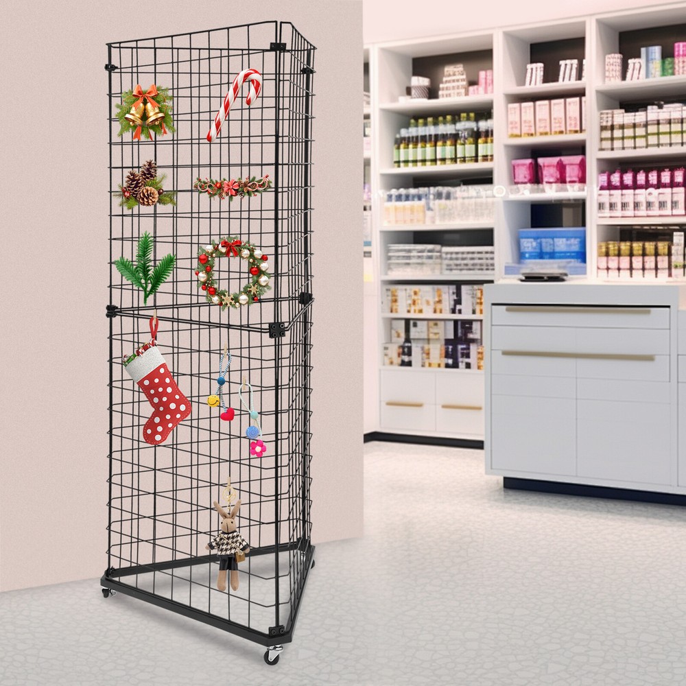 Triangle Display Stand Wire Grid Panel Tower Wall Corner Shelf Rack with Casters