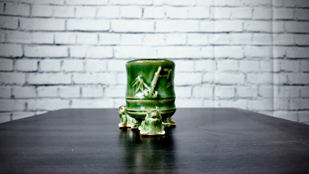 3" Green Frog Footed Bamboo Embossed Ceramic Vase Planter Pot