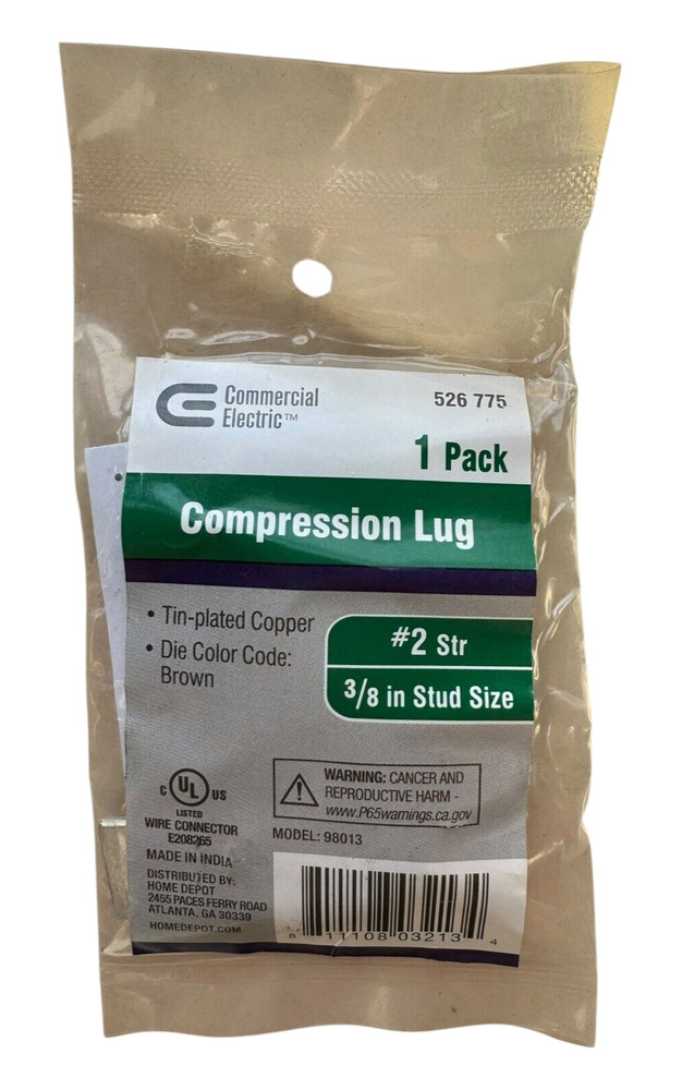 Commercial Electric Compression Lug #2 Str 3/8" Stud Size - 98013
