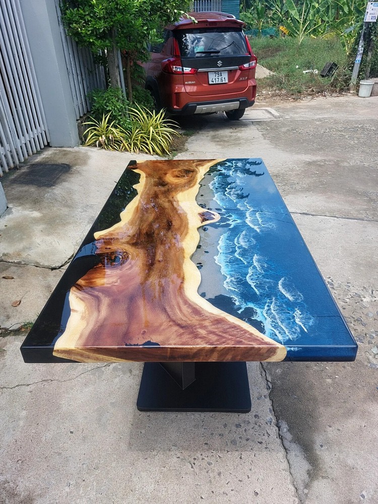 Personalized Unique Live Edge Resin Epoxy Table, Custom Blue Ocean Epoxy Resin