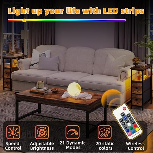 End Table with Charging Station, Narrow Side Table with 2 Fabric Rustic Brown