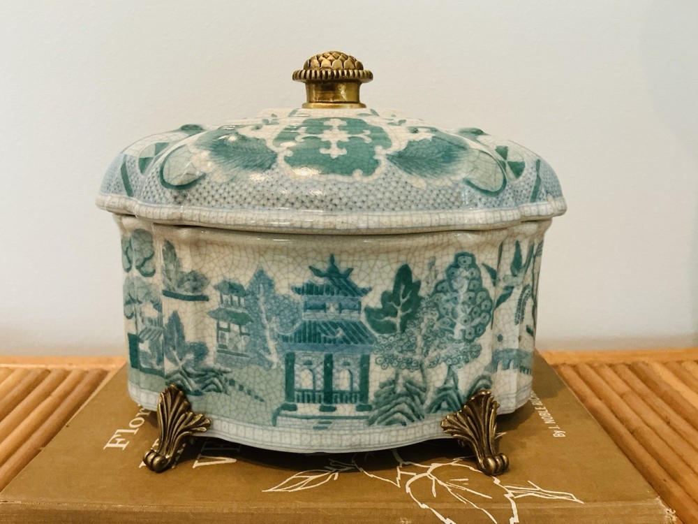 Turquoise Willow Chinoiserie Pattern Lidded Ormolu Oval Shaped Ceramic Box 9 in