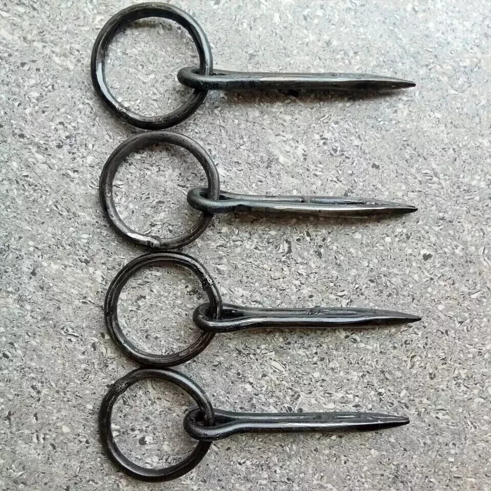 Antique Wrought Iron Ring on Pin, Tethering Game Hook Blacksmith Hardware 4 Unit