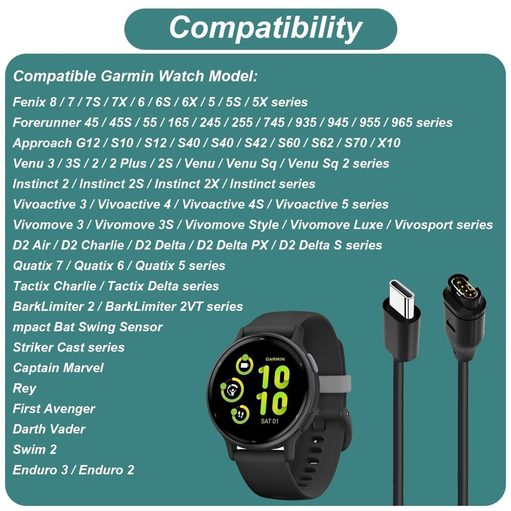 Durable Fast Charging USB-C Cable for Garmin Devices - 5W, 2.5 Hour Full Charge