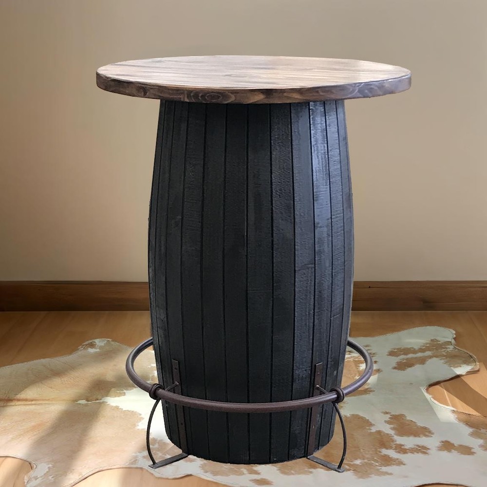 Whiskey Barrel Pub Table - Charred Black Base with Rustic Wood Top