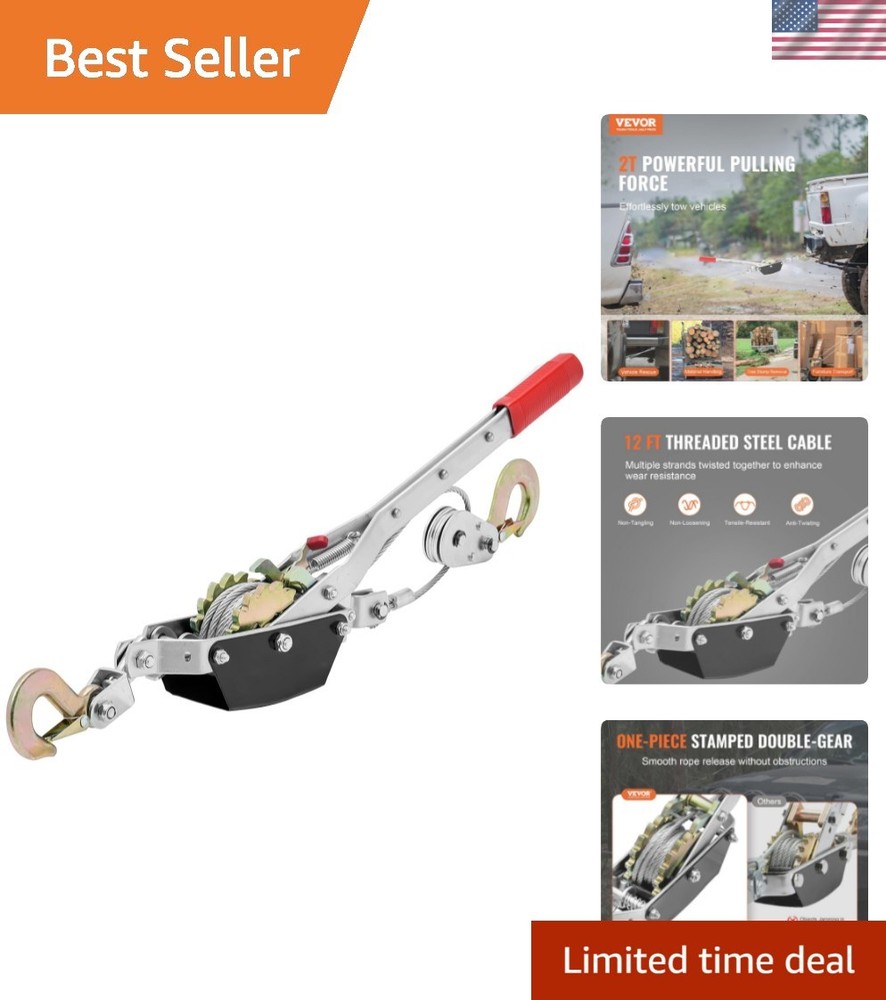 Come Along Winch, 2 Ton 4,409 lbs Pulling Capacity, 12 ft Steel Cable, 2 Hook...
