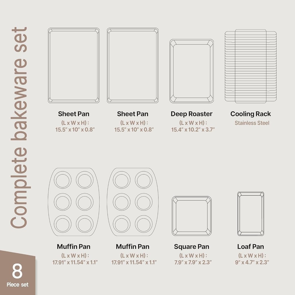 Bakken 8-Piece Stackable Bakeware Set Ceramic Non-Stick Coating Baking Sheets