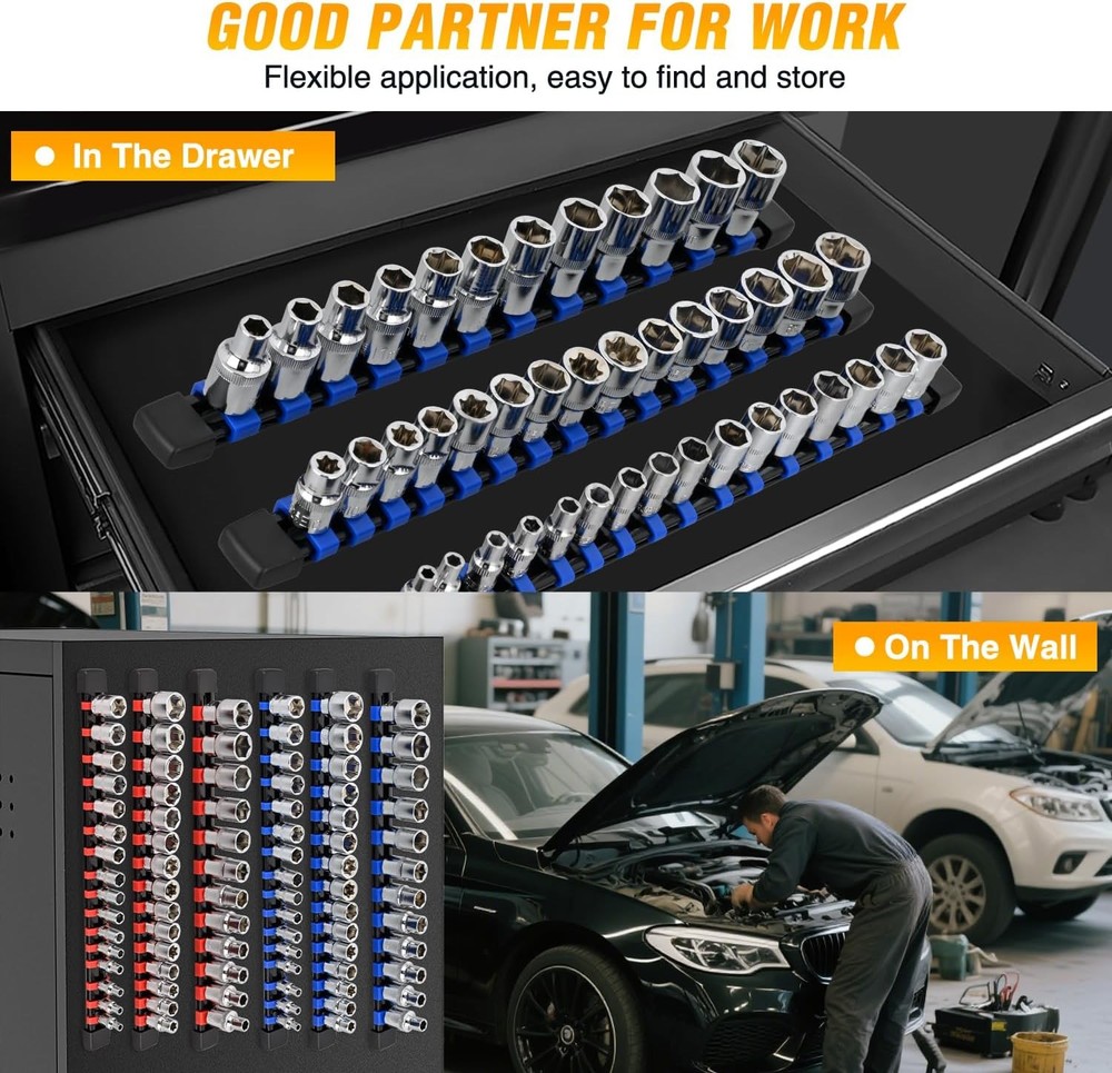 Socket Organizer ABS Socket Holder Set 1/4" 3/8" 1/2" Drive Socket Rail Holders