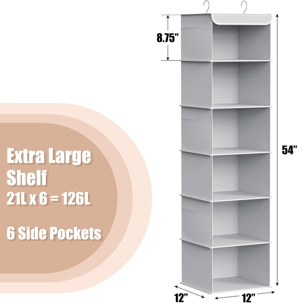 6 Shelf Hanging Closet Organizer, Gray