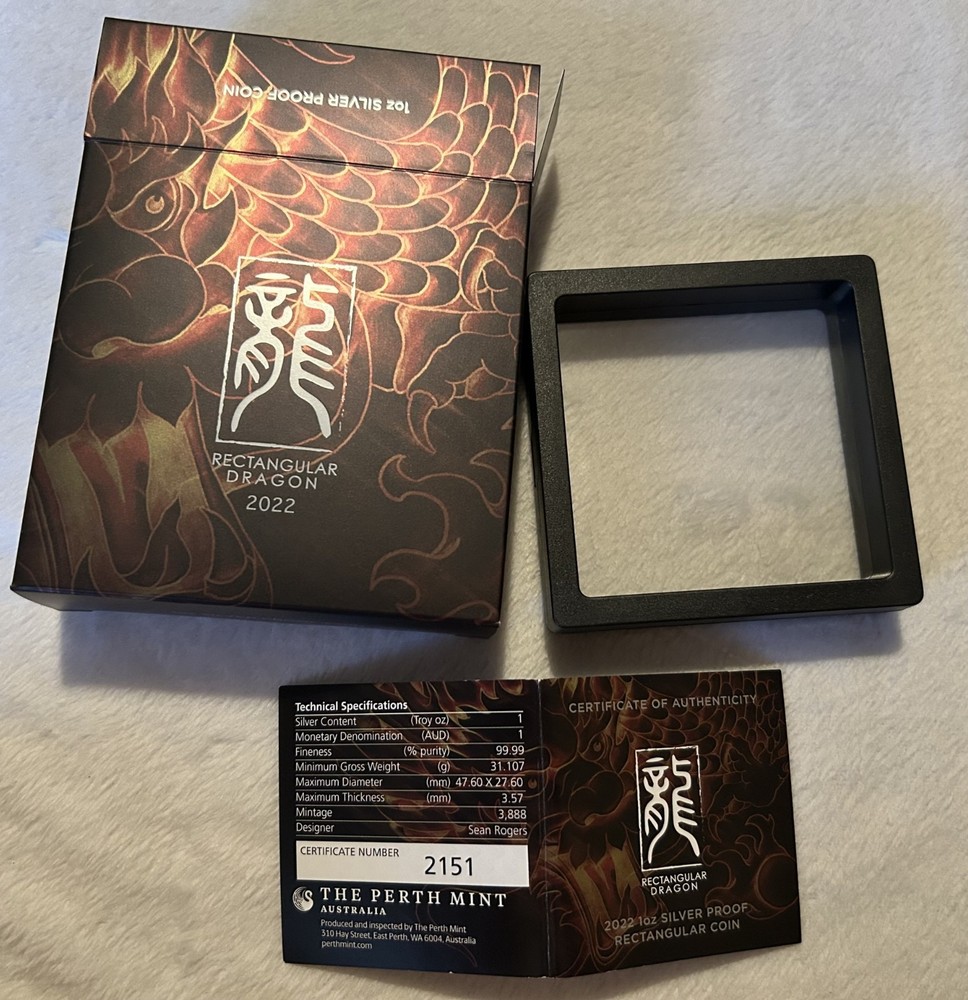 2022 Australia Rectangular Dragon Silver Bar Box, Display Case, & COA