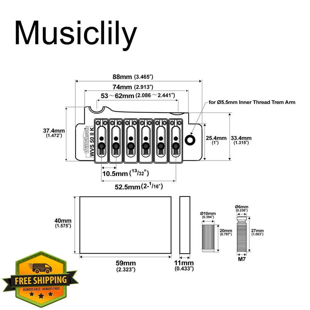Wilkinson Tremolo Bridge, 52.5mm, Strat, Chrome