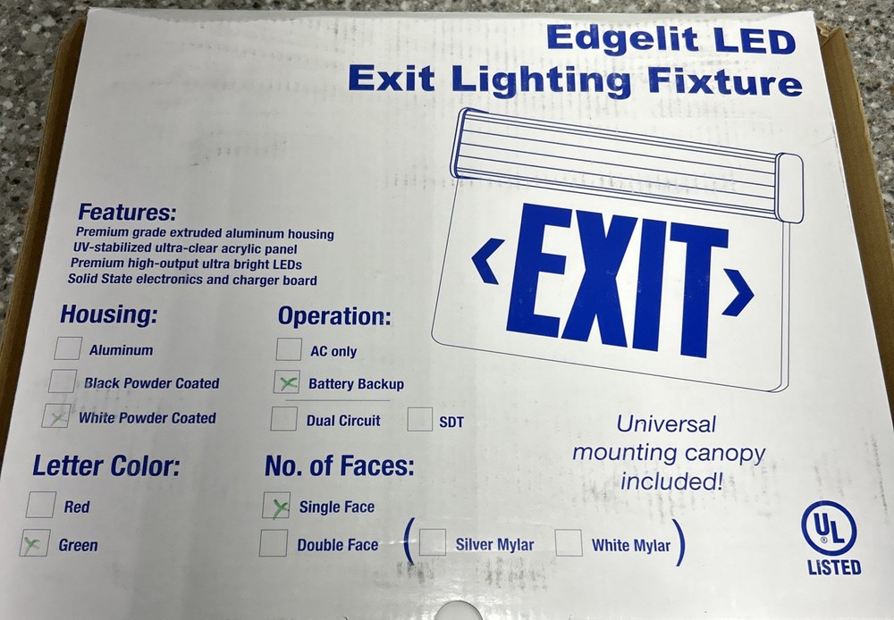 ENVOY EDGE LIT GREEN EXIT SIGN SINGLE FACE WHITE POWDER COAT BATTERY BACKUP