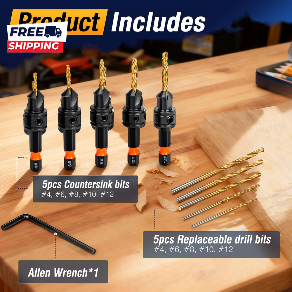 Countersink Drill Bit Set 11Pcs Countersink Drill Bits#4, #6, #8, #10, #12