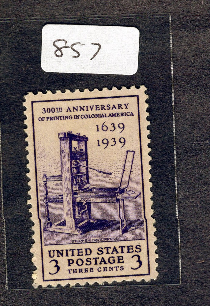 1939 Stamp #857 Printing Tercentenary M/NH