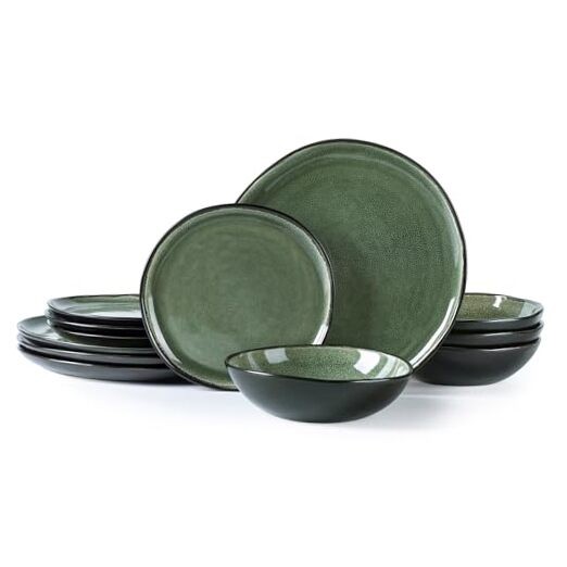 Ceramic Dinnerware Sets,Handmade Reactive Glaze Service for 4 Matte Jade Green