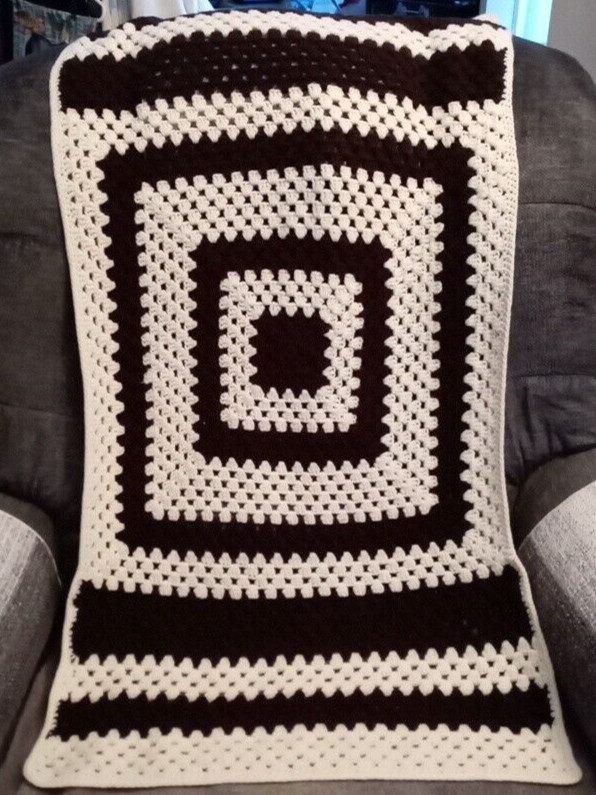 Crocheted Lap Blanket 24" X 48" Brown/White Handmade
