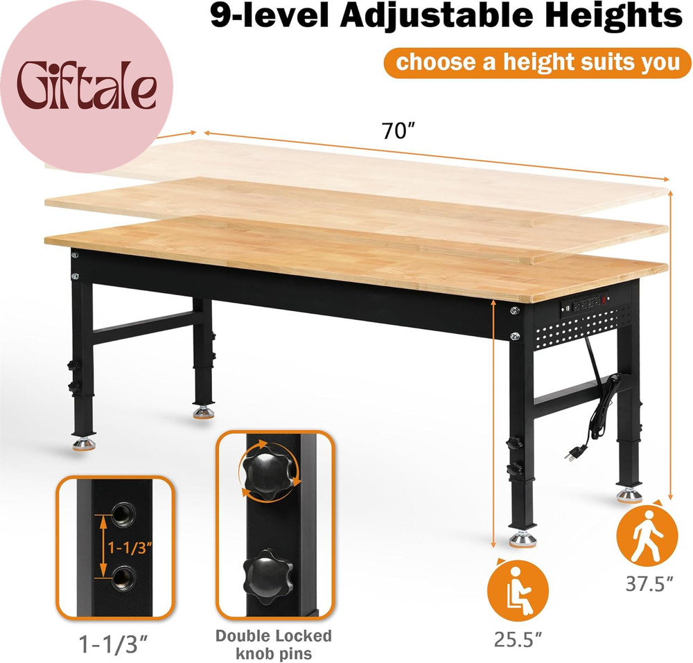 70" Adjustable Height Workbench, 2000 LBS Heavy Duty Work Table with Power Outle