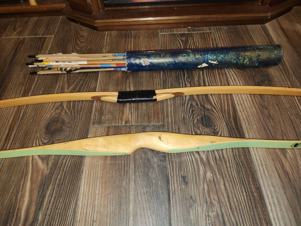 60" RECURVE BOW - BEAR - HUNTER 1953 Plus Unmarked 60" Reg Bow & Arrows Mid Cent